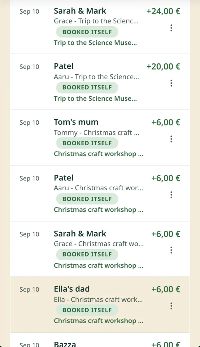 ClassKasa screen: a list of parents' bank transfers, each marked "Booked itself" and matched to a collection