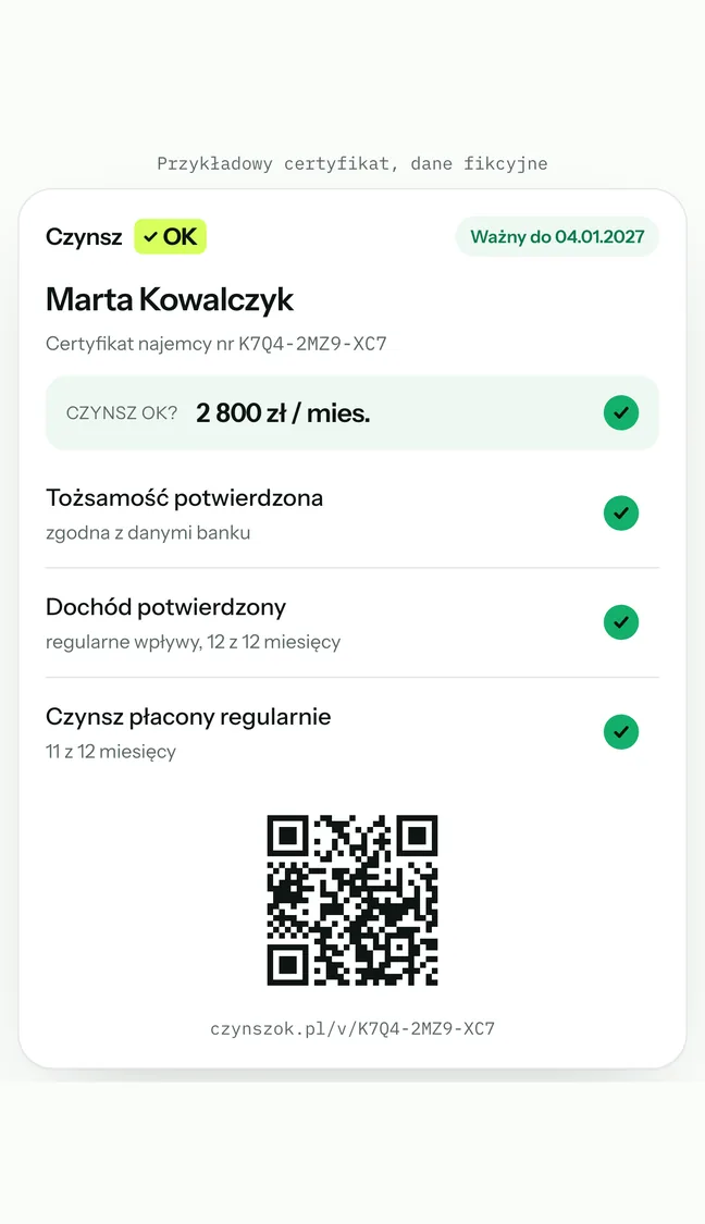 Certyfikat CzynszOK: Czynsz OK 2800 zł miesięcznie, tożsamość, dochód i historia czynszu potwierdzone, kod QR